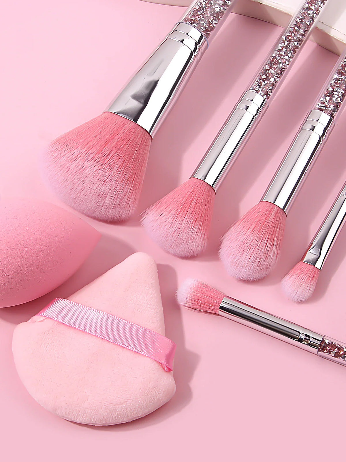 5-Piece Pink Diamond Makeup Brush Set with Bag, Sponge & Puff