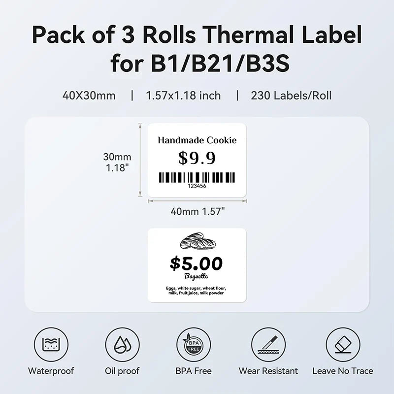 Niimbot White Thermal Label Roll 20–50mm Waterproof | B1 B21 B3S