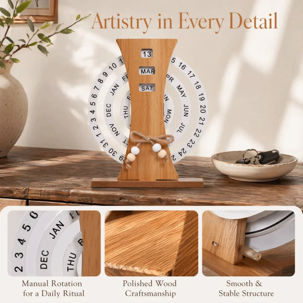 Wooden Perpetual Desk Calendar – Rotatable 3-Disc Date Keeper