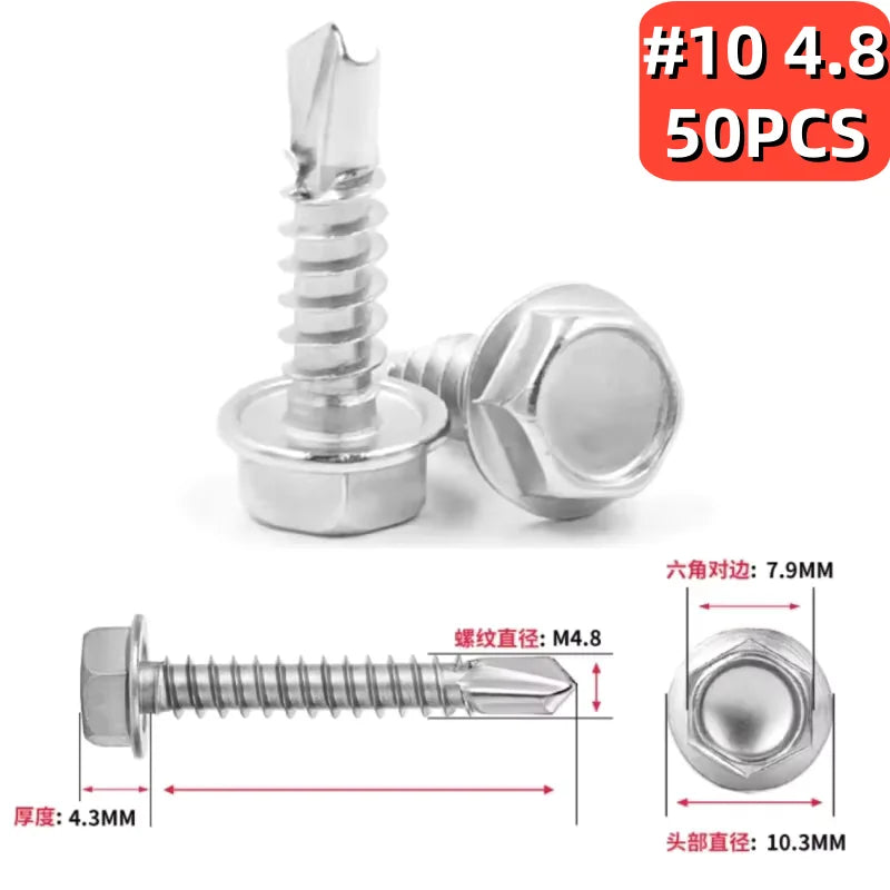 100PCS M4.2 Stainless Steel Hex Self-Tapping Sheet Metal Screws