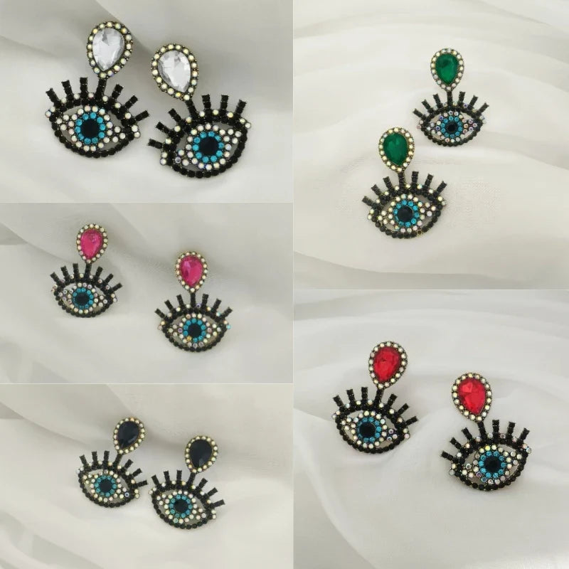 Women's Geometric Drop Earrings – Full Diamond & Colored Glass