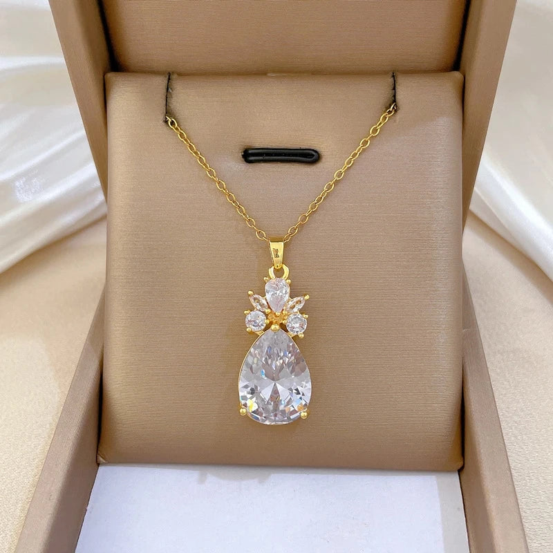 Waterdrop Pendant Necklace Women | Gold Zircon Clavicle Chain
