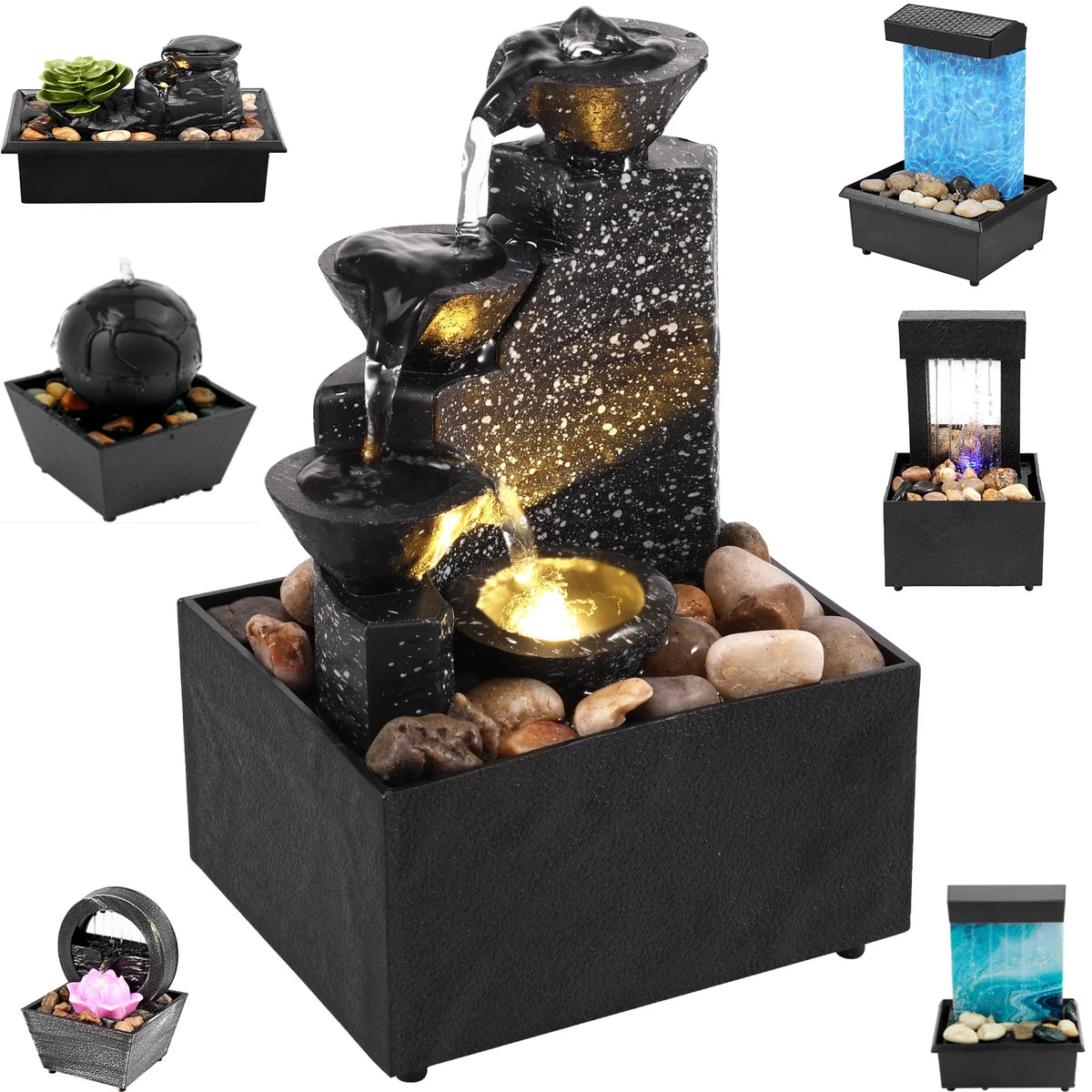 Tabletop Waterfall Fountain with LED Lights – Desktop Decor