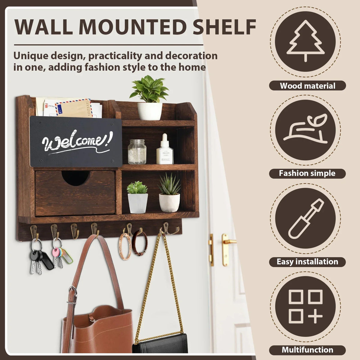 Wooden Wall-Mounted Key & Mail Organizer with Hooks & Drawer