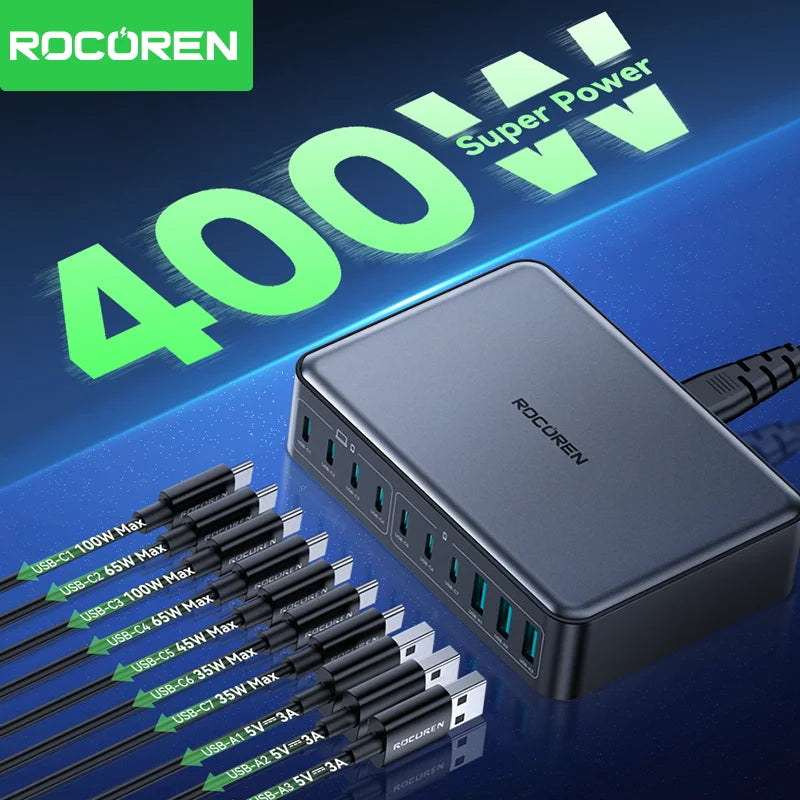 Rocoren 400W GaN Charger 10-Port USB-C Desktop Power Station