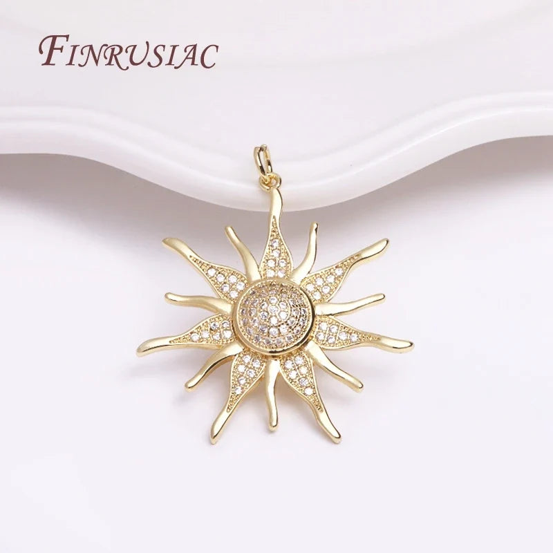 18K Gold Plated Sunflower Pendant – 33mm Brass Zircon Charm