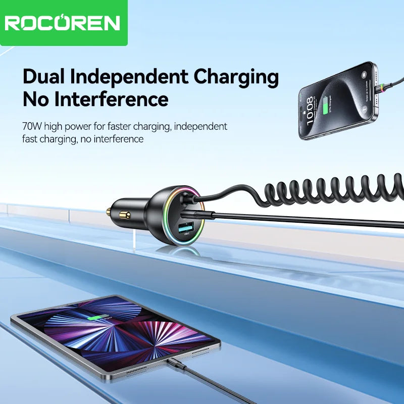 Rocoren 70W USB Car Charger PD 35W Fast Charge + Spring Cable