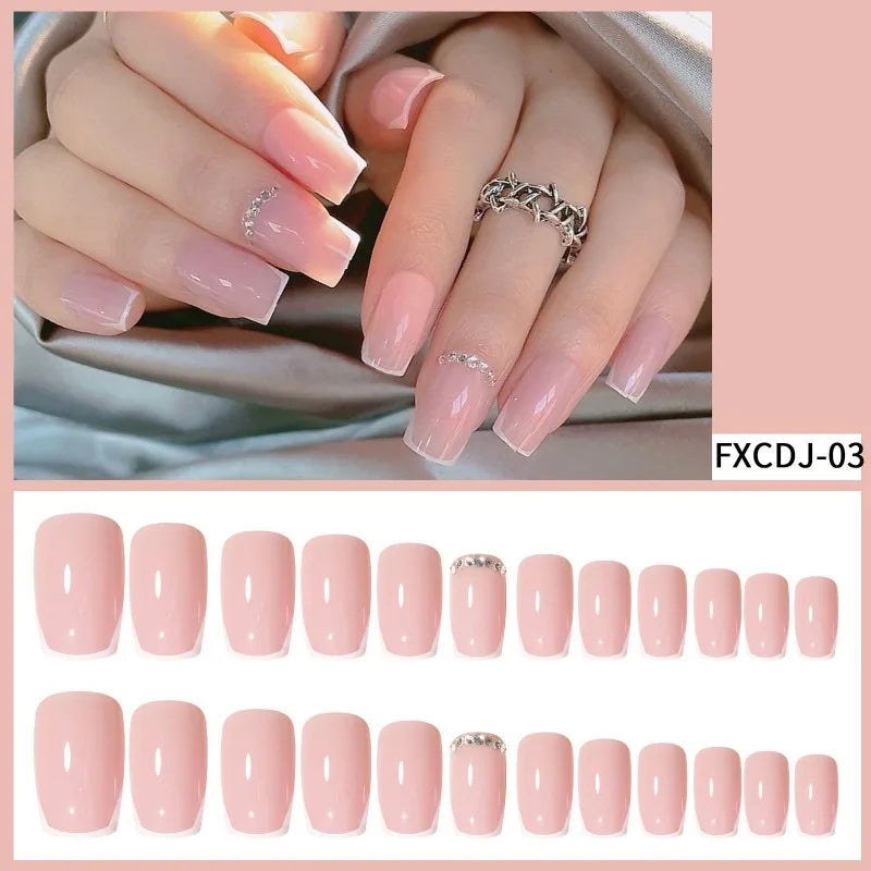 Short French Rhinestone False Nails – 24pc Handmade Acrylic Tips