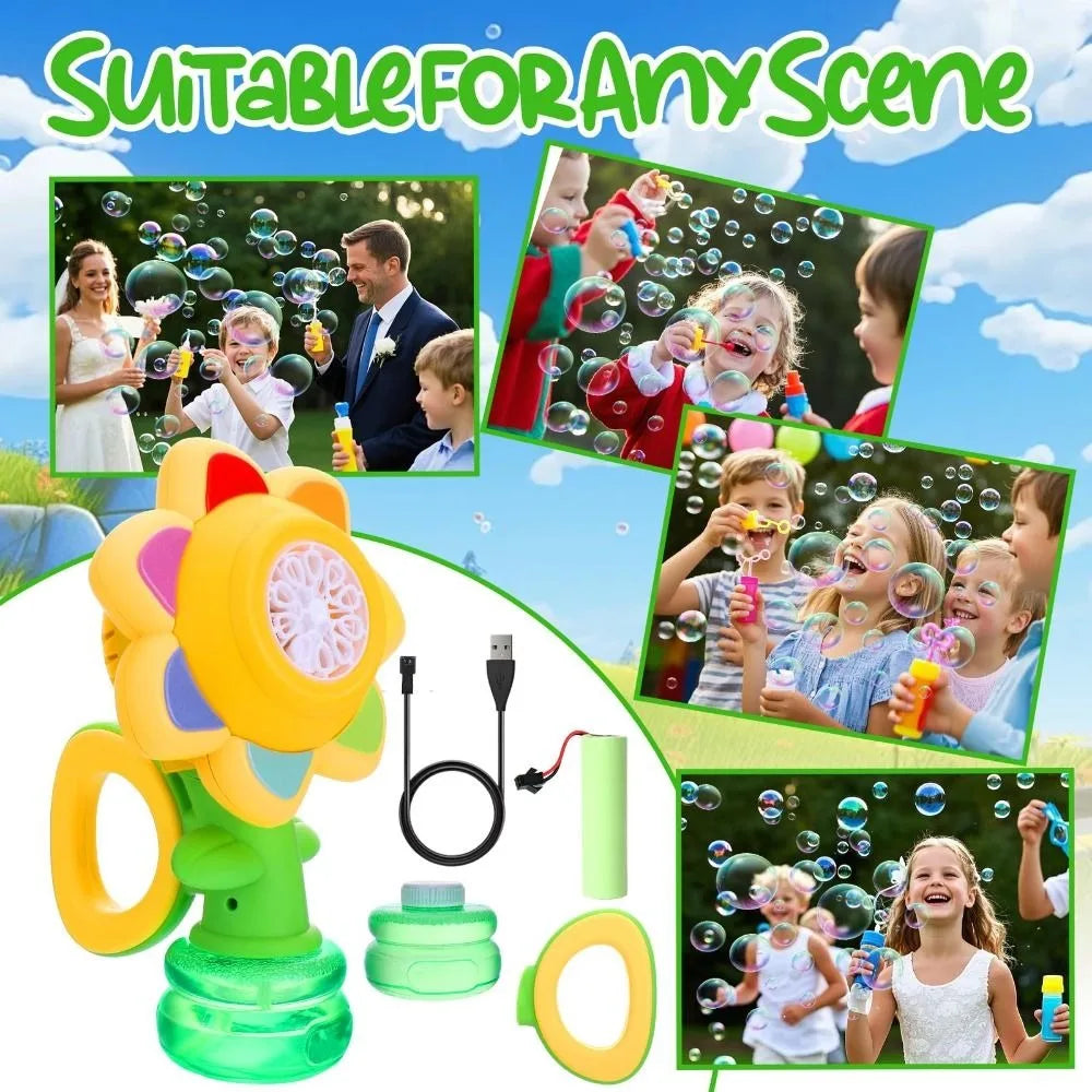 Sunflower Bubble Machine with LED Lights – USB Rechargeable Kids