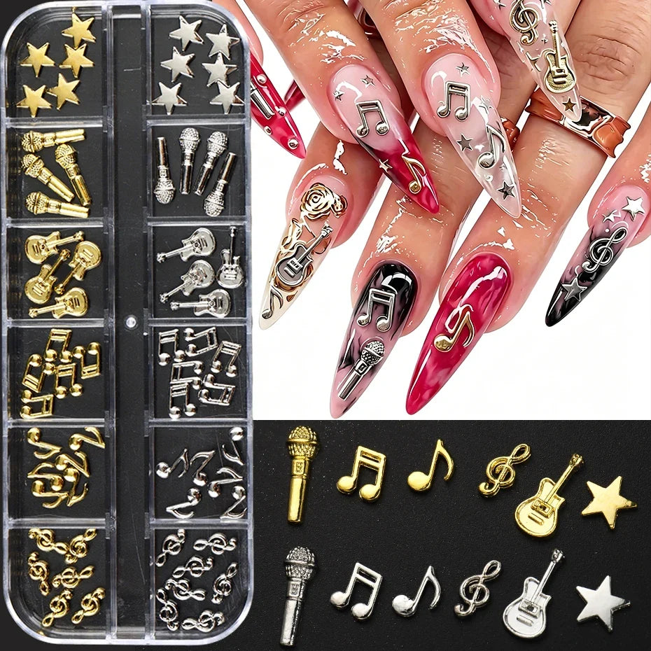 Punk Music Nail Art Charms Set – 12 Grid Guitar & Notes Decor
