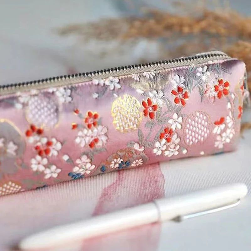 Vintage Embroidery Pencil Case Large Capacity Cotton Linen Pouch