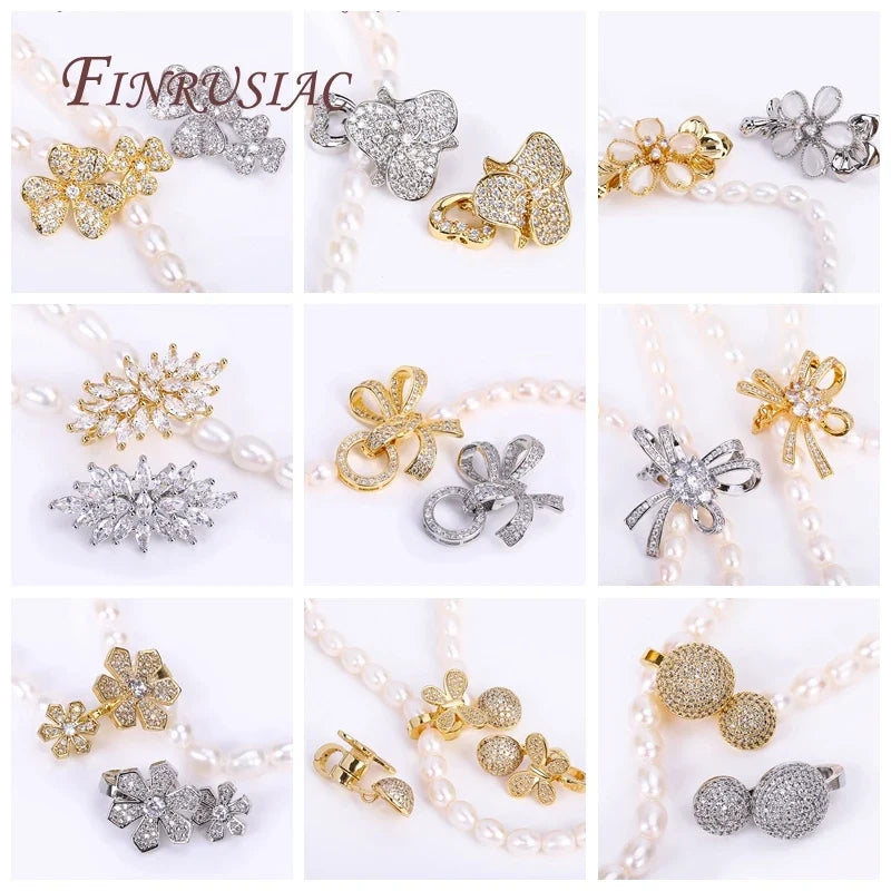 18K Gold Plated Zircon Flower Pearl Clasp | DIY Necklace Findings