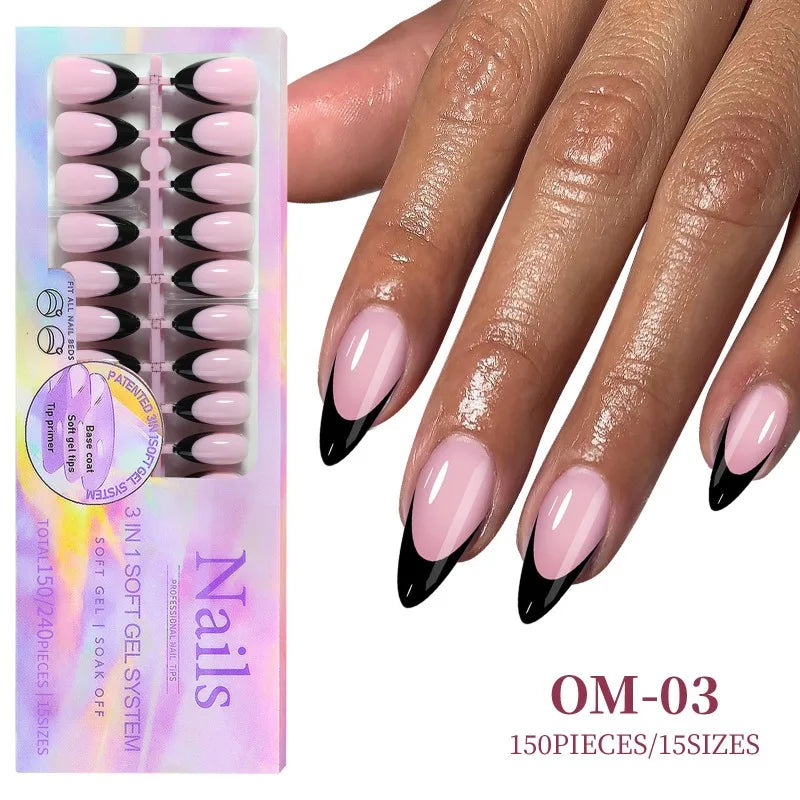 Black Pink French Tip Press On Nails with Rhinestones 24pcs