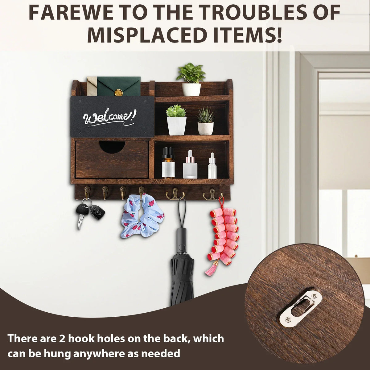 Wooden Wall-Mounted Key & Mail Organizer with Hooks & Drawer