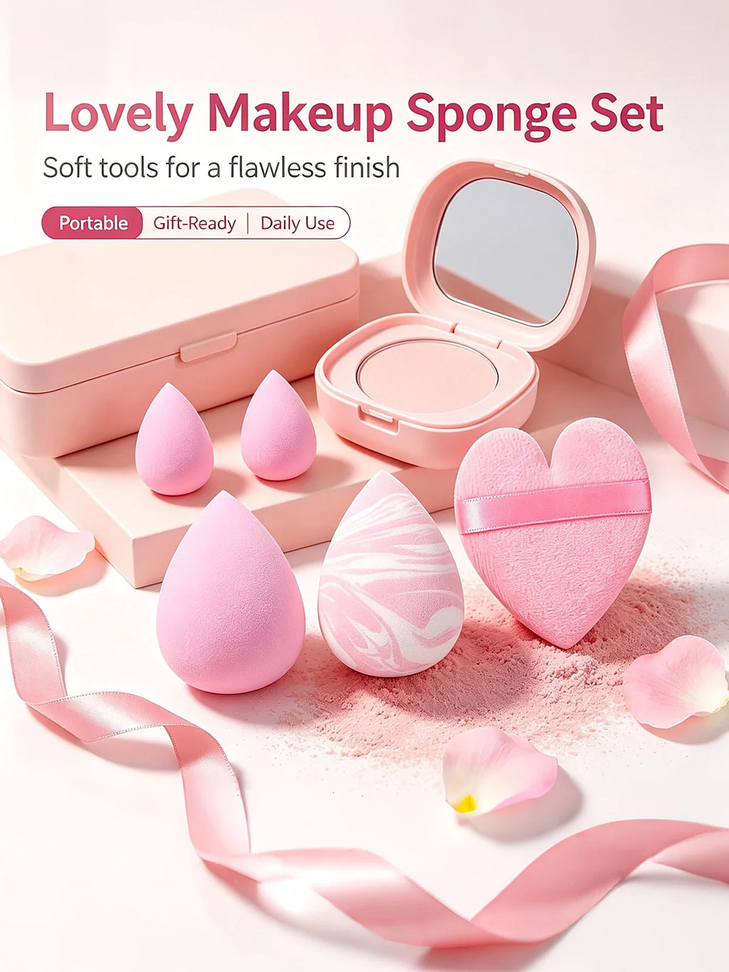 5-Piece Multi-Shape Makeup Sponge Set with Heart Puff