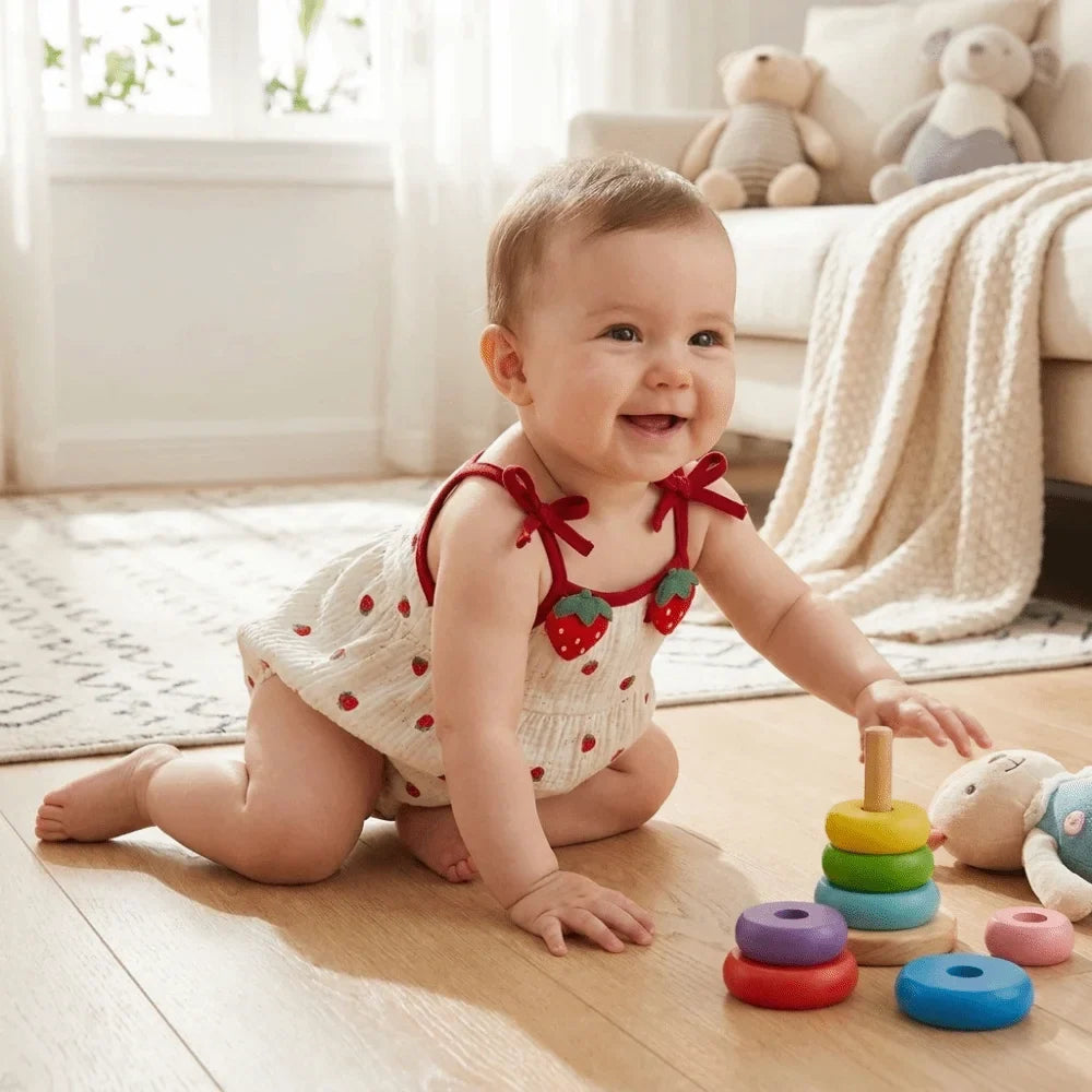 Strawberry Print Baby Girl Sling Romper | Cotton Jumpsuit
