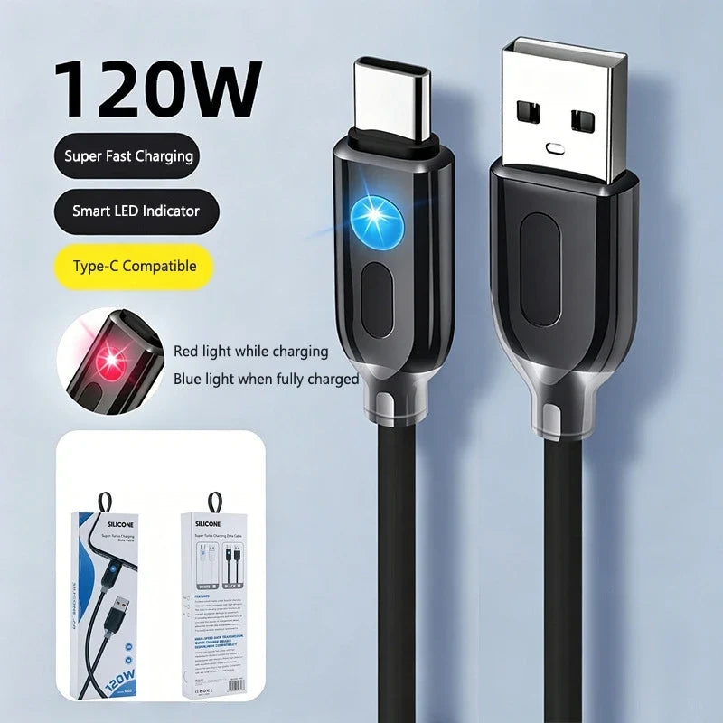 120W USB-C Fast Charging Cable with RGB Flowing LED Light