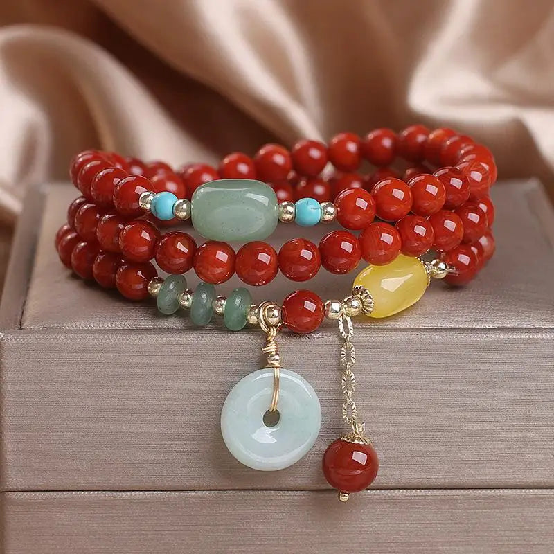 Natural Nanhong Agate Multi-Layer Peace Buckle Bracelet