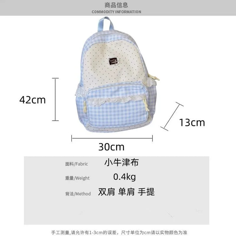 Korean Plaid Backpack Girls – Lace Trim Canvas School Bag