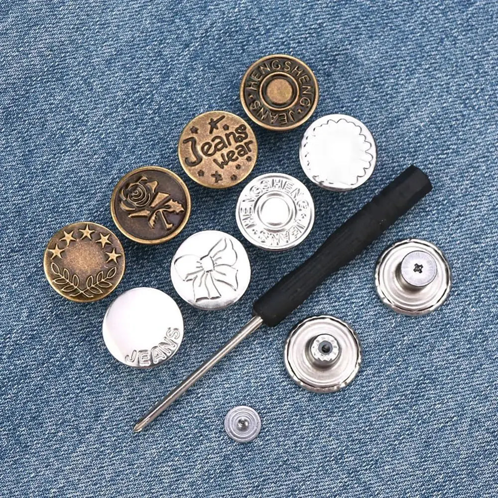 10Pcs 17mm Metal Jeans Buttons No-Sew Shank Buttons + Screwdriver