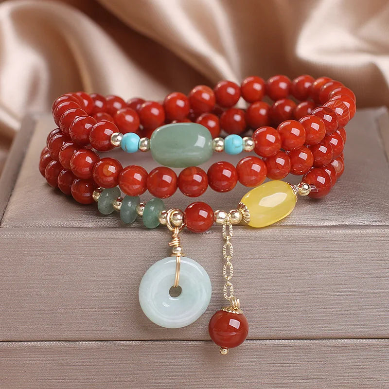 Natural Nanhong Agate Multi-Layer Peace Buckle Bracelet