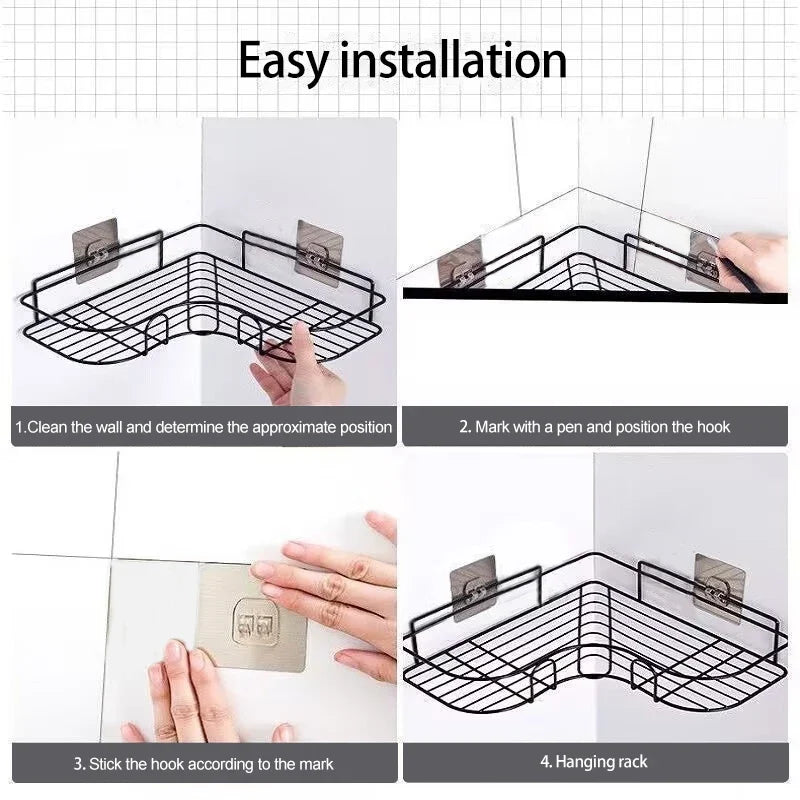 No-Drill Wall Mounted Stainless Steel Corner Shelf & Storage Rack