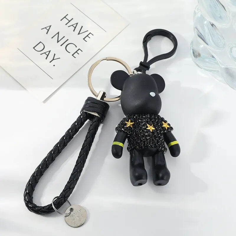 Silver-Plated Diamond Bear Keychain – Unisex Black Bag Charm