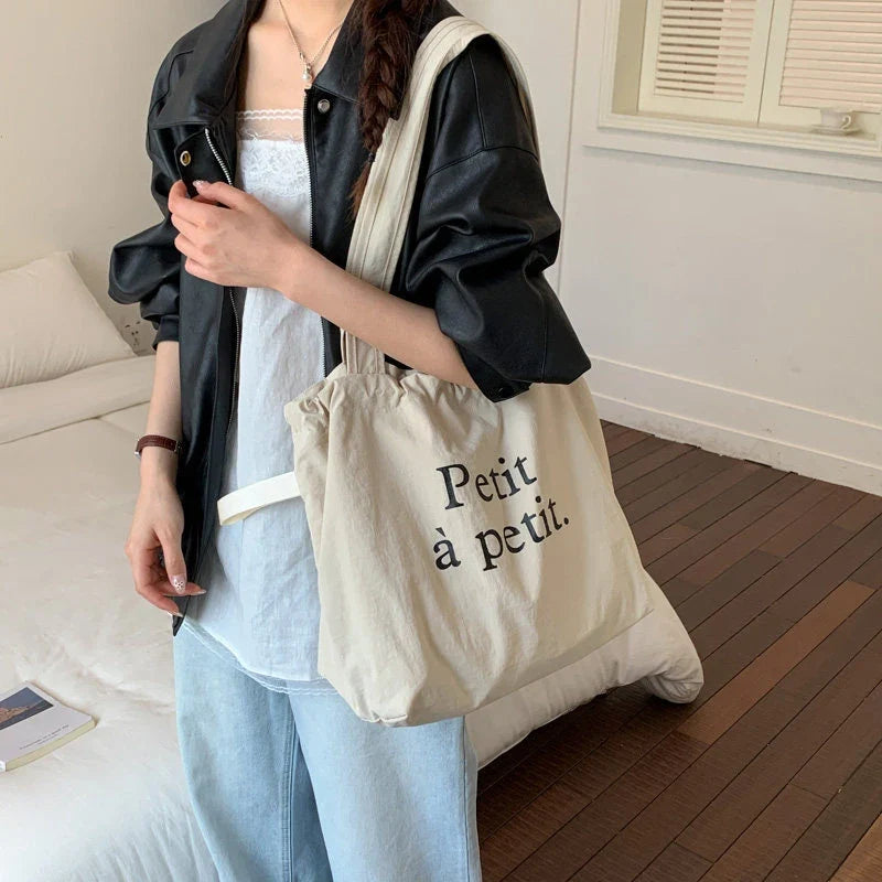 Korean Canvas Bucket Bag – Letter Print Shoulder Tote
