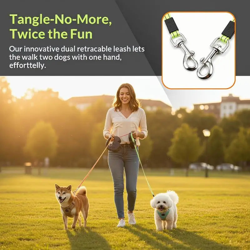 360° Double Dog Leash Retractable with Flashlight & Bag
