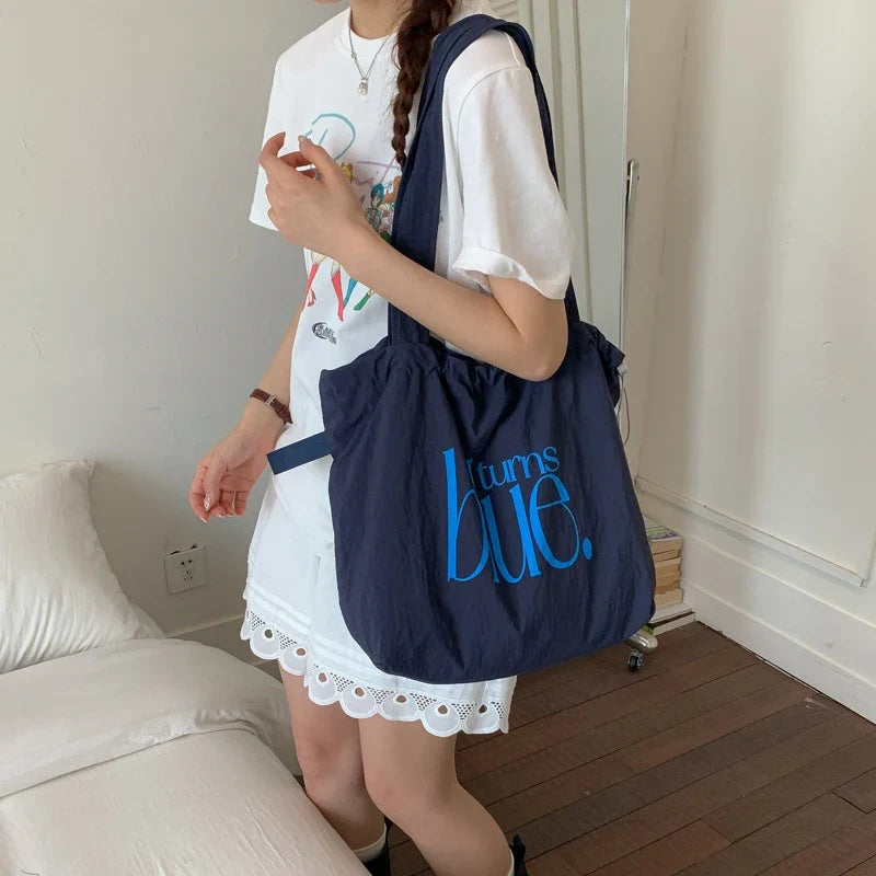 Korean Drawstring Nylon Tote Bag | Large Capacity Letter Print