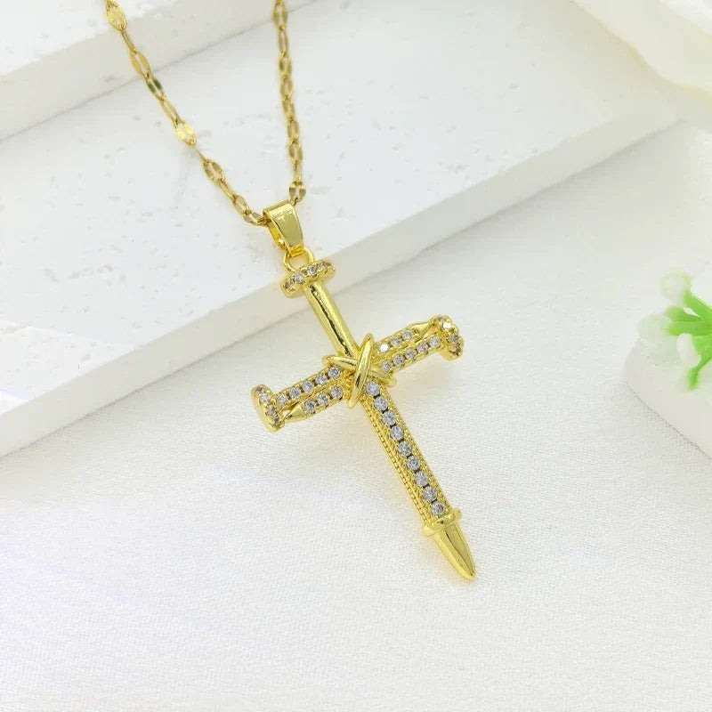 Women's Gold Cross Pendant Necklace – Copper & Stainless Steel