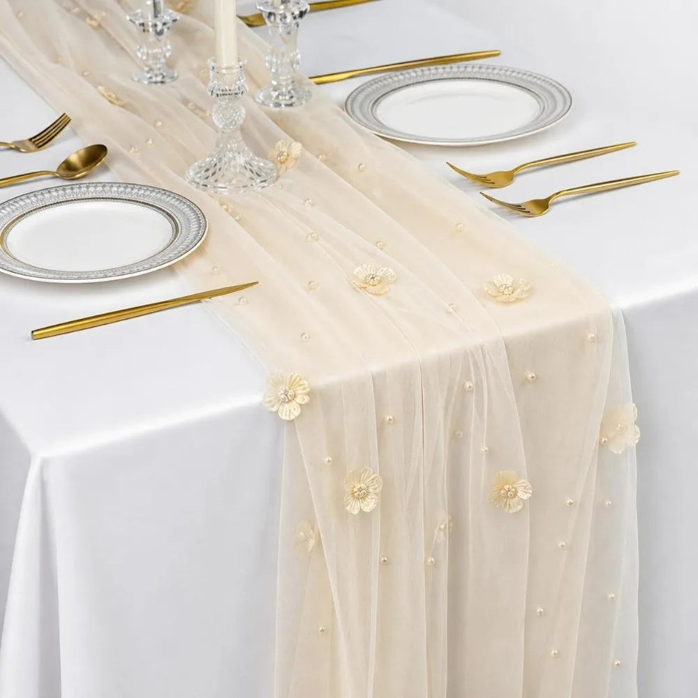Tulle Table Runner 75x300cm Sheer Floral Embroidered Décor