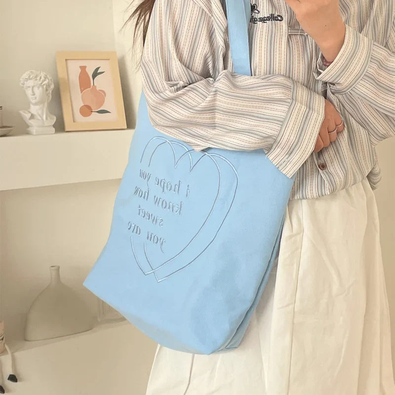Korean Heart Embroidery Canvas Tote Bag – Large Capacity