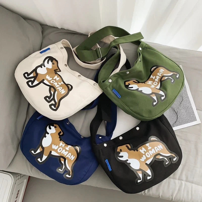 Japanese Puppy Print Canvas Crossbody Tote Bag – Unisex
