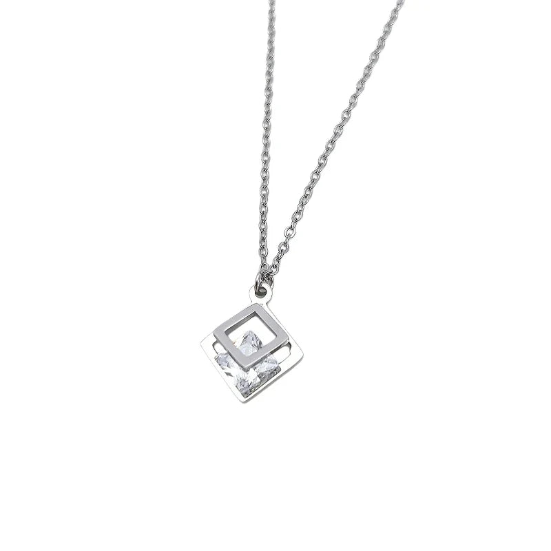 Double Layer Zircon Square Pendant Necklace | Stainless Steel