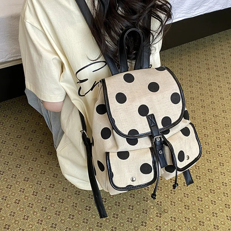 Korean Polka Dot Canvas Backpack – Women's Multi-Pocket Bag