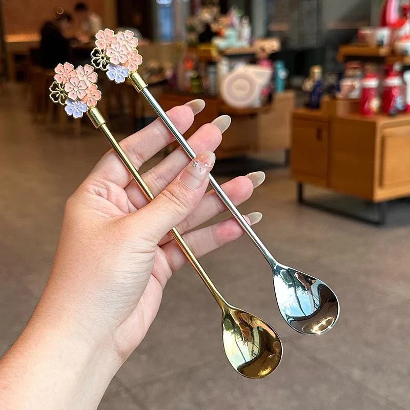 Stainless Steel Cherry Blossom Dessert Spoons, Set of 2