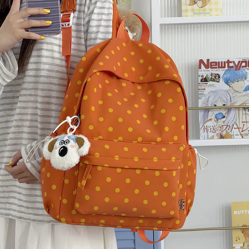Korean Polka Dot Canvas Backpack – Lightweight School Bag