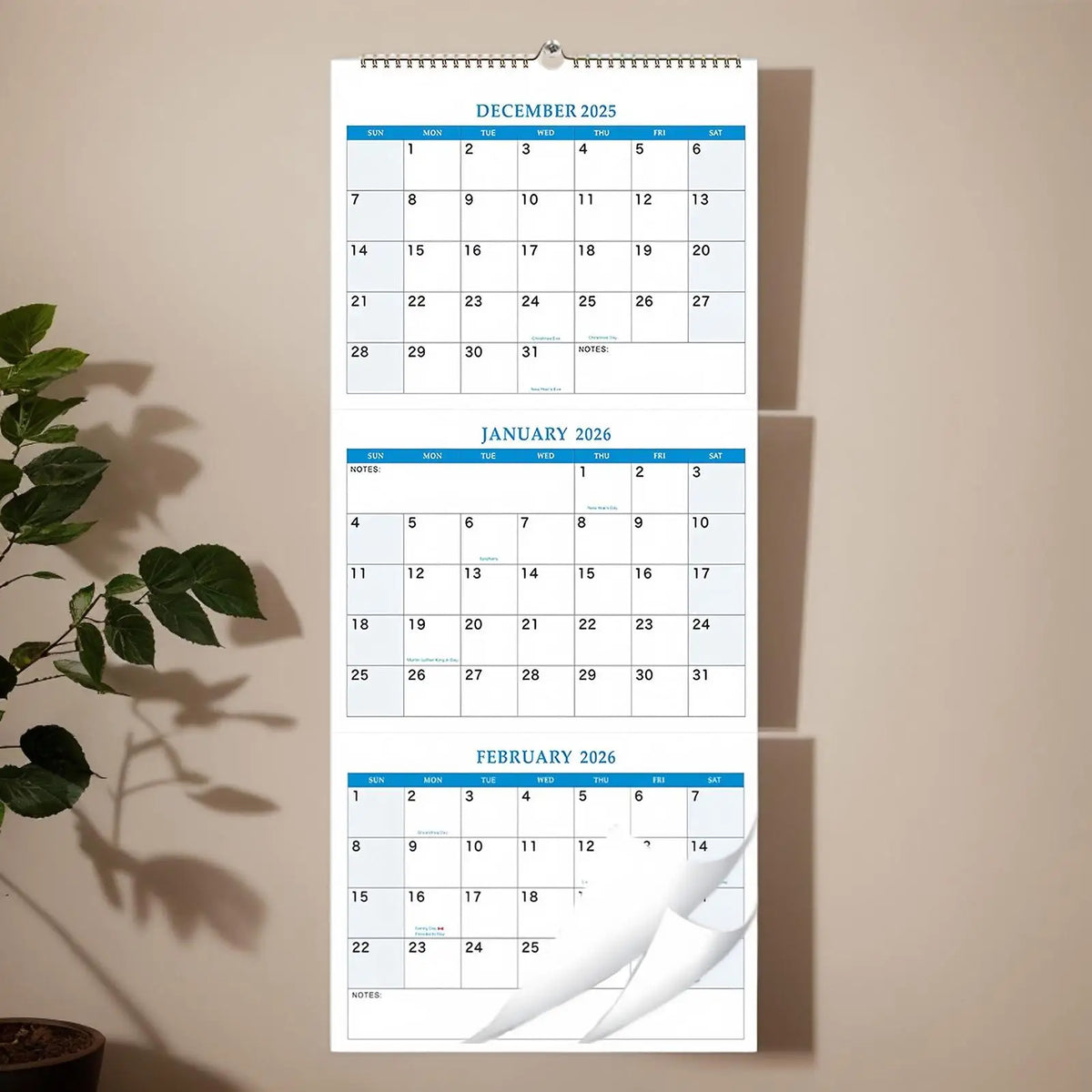 2026 Wall Calendar – 16-Month 3-Month Vertical Planner