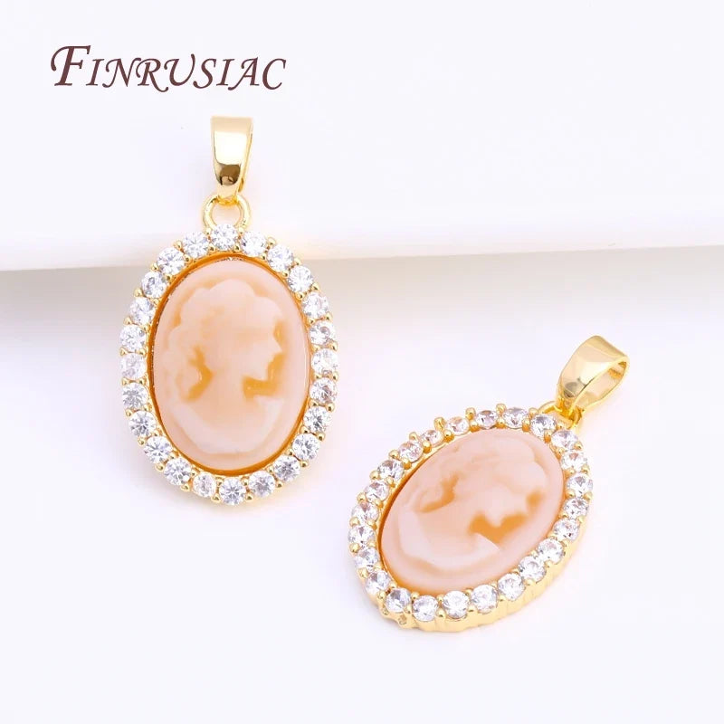 18K Gold Plated Zircon Oval Cameo Pendant Charms – 3 Colors