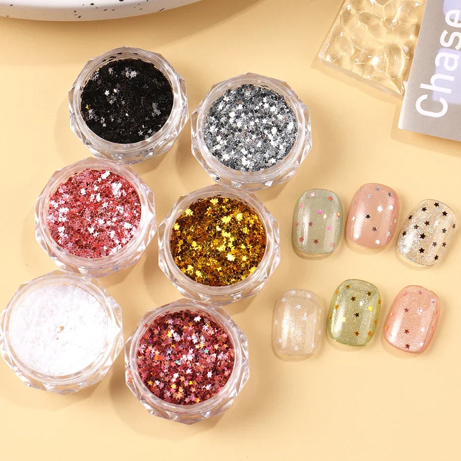 Y2K Star Nail Art Flakes – Gold Silver Pink Glitter Sequins 6pc