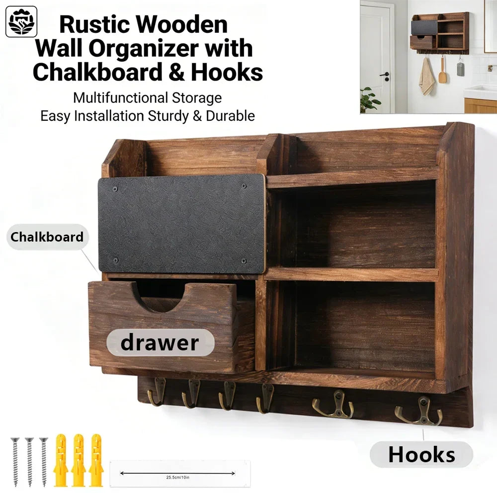 Wooden Wall-Mounted Key & Mail Organizer with Hooks & Drawer