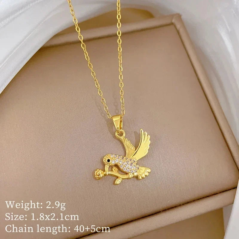 Women's Rose Crane Pendant Necklace – Gold Stainless Steel