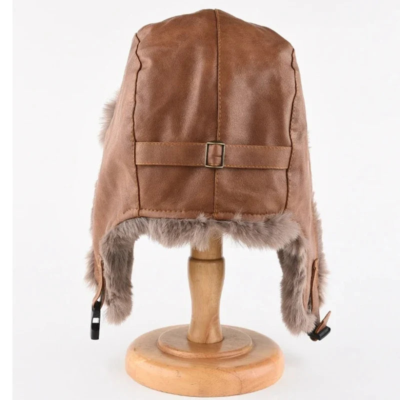 Faux Leather Fur-Lined Bomber Trapper Hat with Ear Flaps