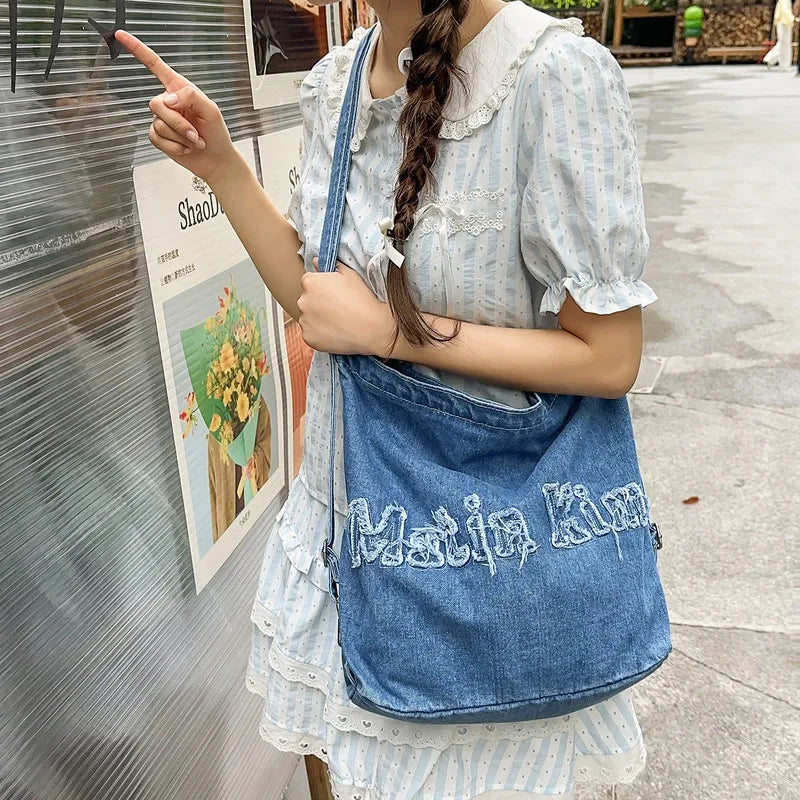 Women's Washed Denim Embroidered Backpack Tote | Nixie Bag