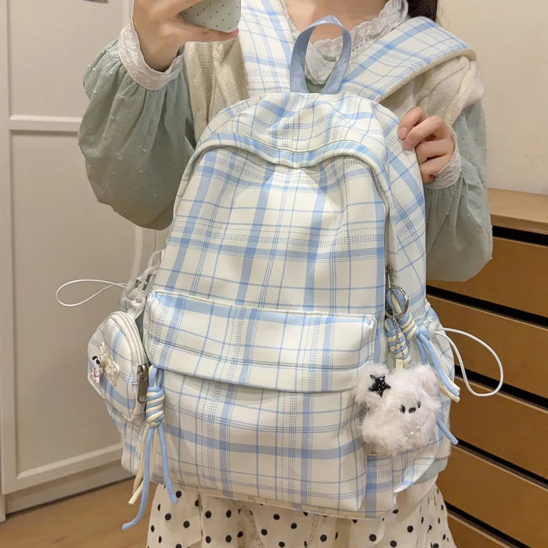 Korean Plaid Backpack – Large Capacity Student Campus Bag