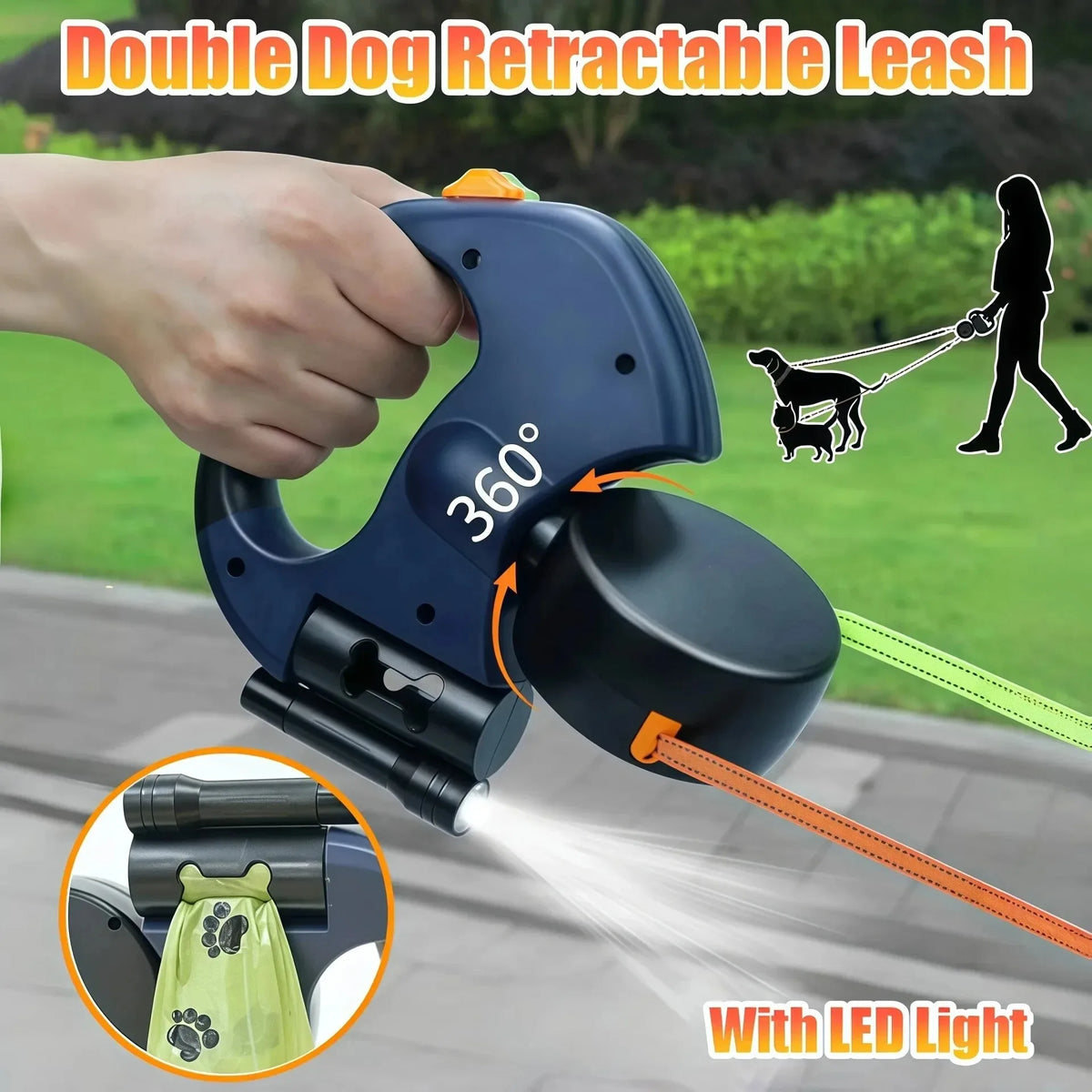 Retractable Double Dog Leash with Flashlight | Walk 2 Dogs