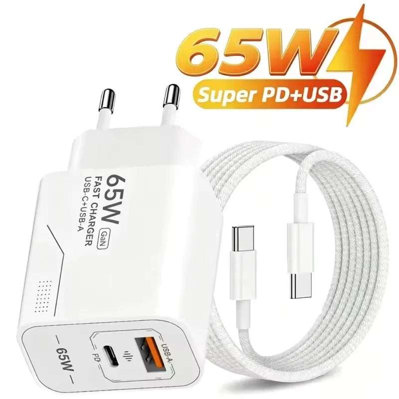 GaN 65W 2-Port USB-C PD Fast Wall Charger – EU/US Adapter
