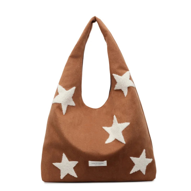 Korean Star-Embroidered Tote Bag – Large Flannel Shoulder Bag