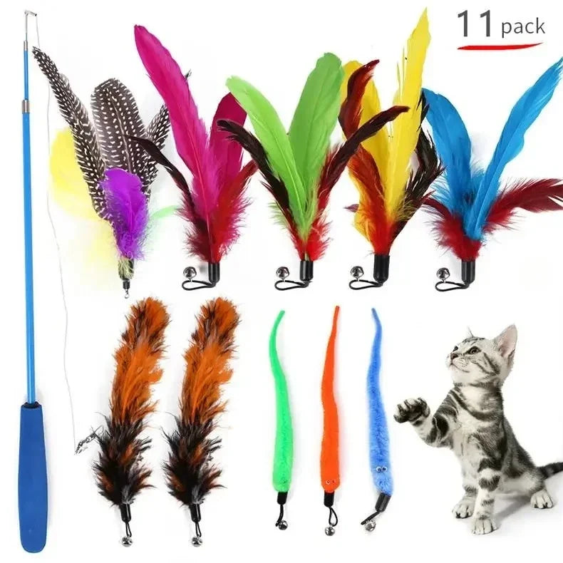 11-Pc Retractable Cat Feather Wand Toy Set with Refills